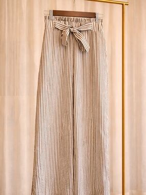 Striped Paperbag Waist Wide-Leg Pants - Beige
